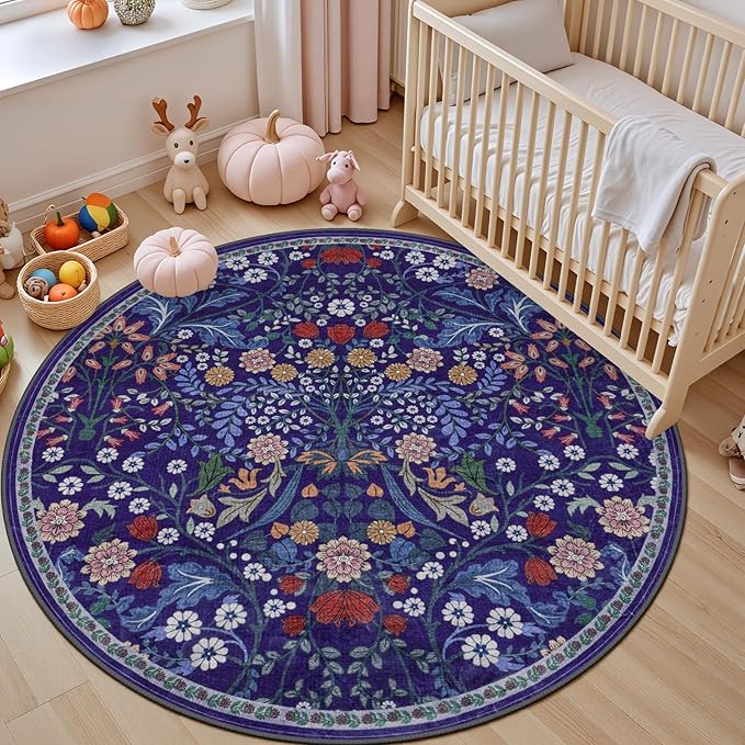 Round Area Rug for Living Room: 4 ft Floral Washable Circle Rug Soft Boho Non-Slip Carpet Indoor Stain Resistant Low Pile Small Circular Rug for Bedroom Entryway Kitchen Nursery Home Office Blue