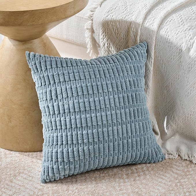 Fancy Homi 4 Packs Boho Light Blue Decorative Throw Pillow Covers 20x20 Inch for Couch Bed Sofa, Rustic Modern Farmhouse Home Decor, Soft Plush Corduroy Square Cute Cushion Case 50x50 cm