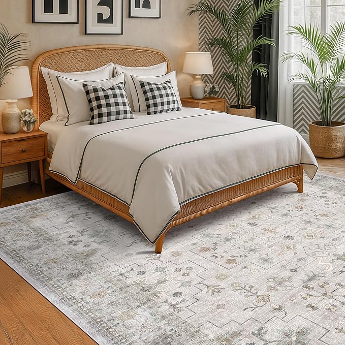 Hazo Haus Boho Light Grey Living Room Rug 8x10 - Modern Vintage Eclectic Floral Pastel Neutral Taupe, Washable Low Pile Non-Slip Extra Large Area Rugs for Dining Under Table Bedroom Lounge