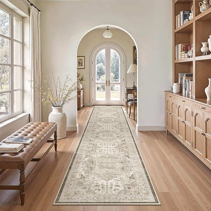 Madane Runner Rugs for Hallway 2x12 Extra Long Washable Non-Slip Hallway Runner Rug Low-Pile Stair Kitchen Throw Carpet Runner for Entrance Living Dining Laundry Room Rug (Ivory/Brown, 2'x12')