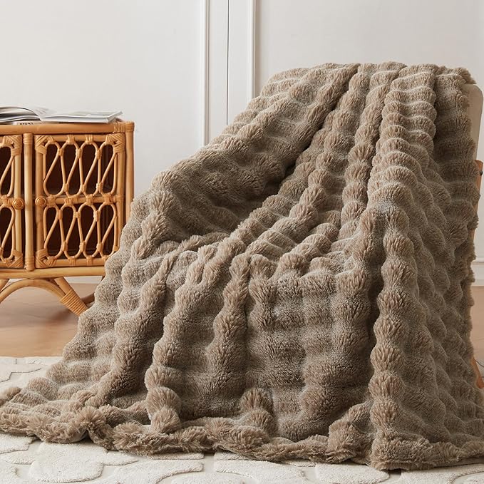 COOVA Faux Fur Throw Blanket for Couch, Cozy Soft and Fuzzy Plush Rabbit Fur Bubble Blanket for Sofa Bedroom Living Room, 60x80 Inches Cationic Brown