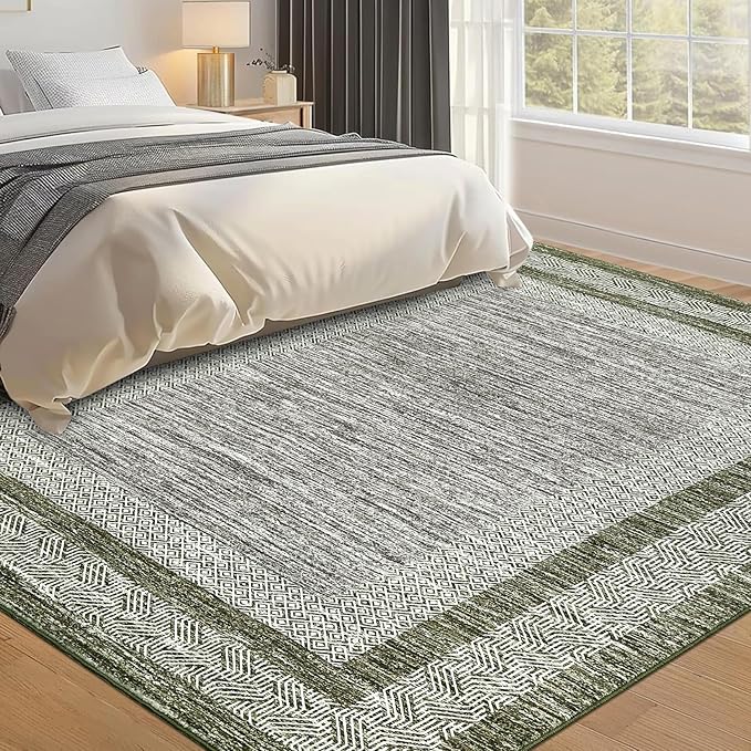 GarveeHome Small Bedroom Area Rug 3x5 Bordered Area Rug for Living Room Nursery Non Slip Kitchen Throw Carpet Low Pile Modern Rugs Washable Bathroom Mat Soft Green Rugs for Laundry Entryway
