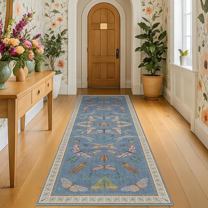 Blue Insect 2'6'' Wide 8' Long Hallway Runner Rug - Washable Kitchen Sink Rug, Non Slip Runner Rug for Entryway, Colorful Vintage Print Home Décor