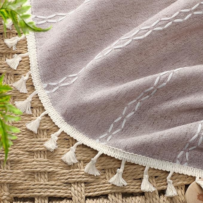 Purple Boho Blackout Curtains 2 Panels 84 Inch for Living Room Bedroom, Purple Linen Texture Farmhouse Curtains with Tassels and White Cotton Embroidery Vintage Rustic Country Western