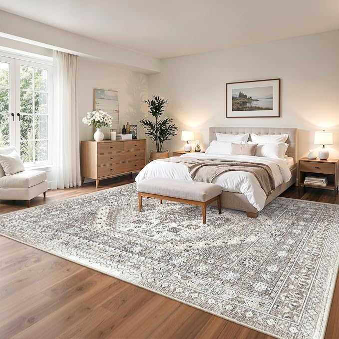 zesthome 10x14 Area Rugs,Stain Resistant Washable Rug,Ultra-Thin Rugs for Living Room,Bedroom,Non-Slip Backing Home Decor Large Area Rug (Brown/Beige,10'x14')