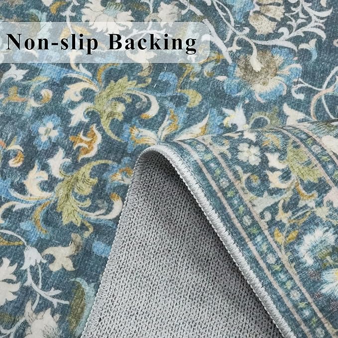 4x6 Living Room Area Rugs: Washable Boho Bedside Rugs Non Slip Low Pile Floral Small Carpet for Kitchen Bedroom Non-Shedding Floor Mat for Kids Room Office Dining Room(4x6 Floral/Blue)