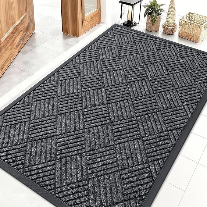 OLANLY Front Door Mat Outside Entrance 47x32, Absorbent, Heavy Duty Sturdy Natural Rubber Doormat Indoor Outdoor, Stain Fade Resistant, Non-Slip Low Profile Floor Mat for Entryway, Black Gray Diamond