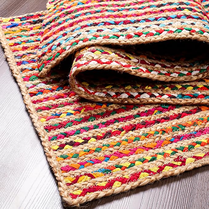 Hausattire Bohemian Braided Rug 2'x3' - Multi Color, Small Farmhouse Jute Cotton Area Rag Rugs for Entryway, Kids Playroom, Front Door | Colorful Hand Woven Reversible Accent Mat - 24x36 Inch