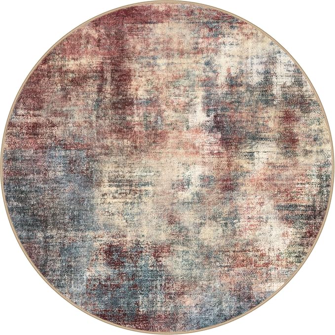IOHOUZE Abstract Round Area Rug 6 Ft Washable Circle Rugs Large Round Rug Non Slip Thin Soft Circle Rugs, Printed Faux Wool Floor Carpet for Bedroom Living Room Dining Room Nursery, Red/Multi