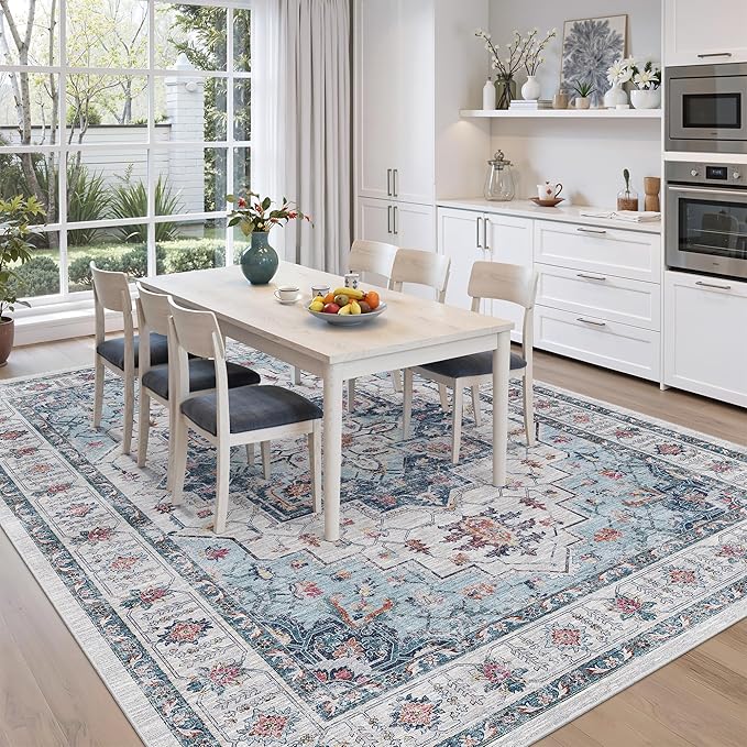 zesthome 8x10 Area Rugs,Stain Resistant Washable Rug,Ultra-Thin Rugs for Living Room,Bedroom,Non-Slip Backing Home Decor Large Area Rug (Blue,8'x10')