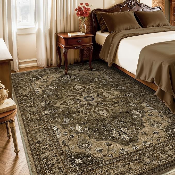 Area Rugs 5'x7' Washable Non-Slip, Floral Vintage Distress Print Pattern Medallion Carpet for Living Room Bedroom Dining Room, Brown Dark Brown