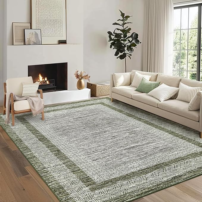 GarveeHome 8x10 Large Washable Area Rug Modern Bordered Rug Distressed Geometric Floor Carpet, Soft Non Slip Rug, Low Pile Non Shedding Rug, Indoor Green Rug for Bedroom, Living Room
