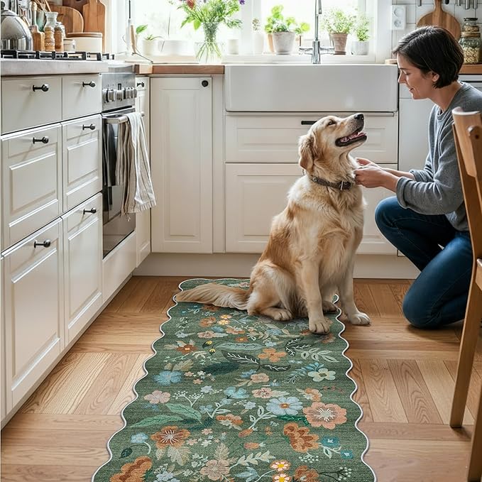 2x5 Washable Kitchen Area Rug: Floral Scalloped Entryway Runner Farmhouse Non-Slip Floor Carpet for Hallway Bathroom Soft Comfort Tile/Hardwood Floors Protection Mat Cute Home Decor(2x5, Floral/Green)