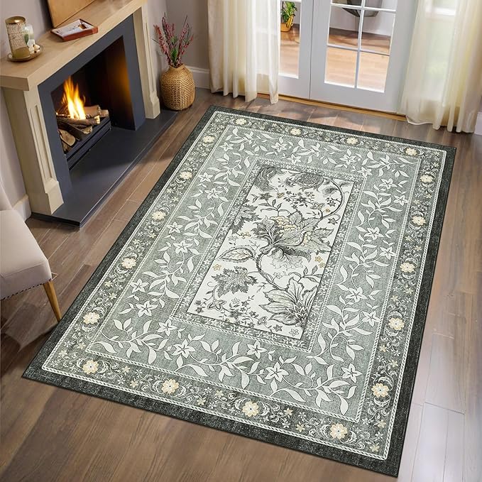 GarveeHome Provence Botanical Grove 4x6 Rug Vintage Cottagecore Soft Gray Fog Green 4x6 Washable Rug for Bedroom Living Room Nursery Kitchen Entryway Indoor Mat