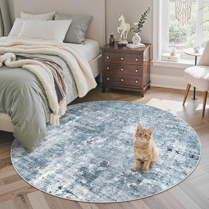 6x6 Blue/Grey Round Rug 6ft Living Room Circle Rug Vintage Round Area Rug Non Slip Indoor Carpet for Dining Room Bedroom