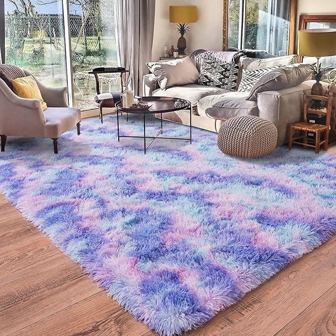 Rugs for Living Room 6x9, Soft Shaggy Modern Shag Area Rug for Bedroom, Upgrade Non-Slip Plush Fluffy Carpet for Kids Boys Girls Room Home Decor Aesthetic, Rainbow Purple