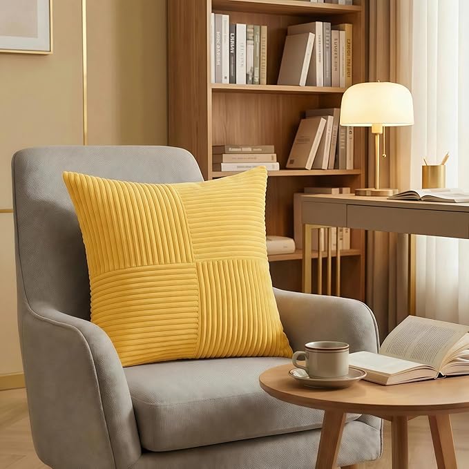 Fancy Homi 2 Packs Yellow Decorative Throw Pillow Covers 22x22 Inch for Living Room Couch Bed Sofa, Rustic Farmhouse Boho Home Decor, Soft Corss Corduroy Patchwork Accent Square Cushion Case 55x55 cm