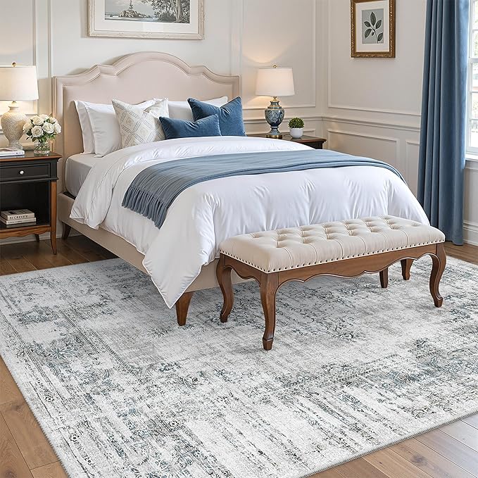 Madane Area Rugs 9x12 Living Room: Lagre Vintage Living Room Rug with Non-Slip Backing Low Pile Rugs Soft Indoor Floor Thin Carpet Non Shedding Carpets for Bedroom Dining Room Farmhouse Blue/Grey