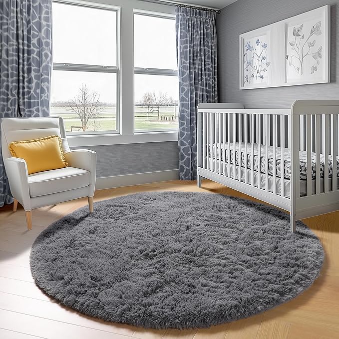 ONASAR Grey Round Rugs 8ft for Living Room, Fluffy Bedroom Circle Area Rug, Soft Plush Shaggy Carpet for Kids Girls Boys Teen Nursery Dorm Classroom Playroom Home Decor Aesthetic