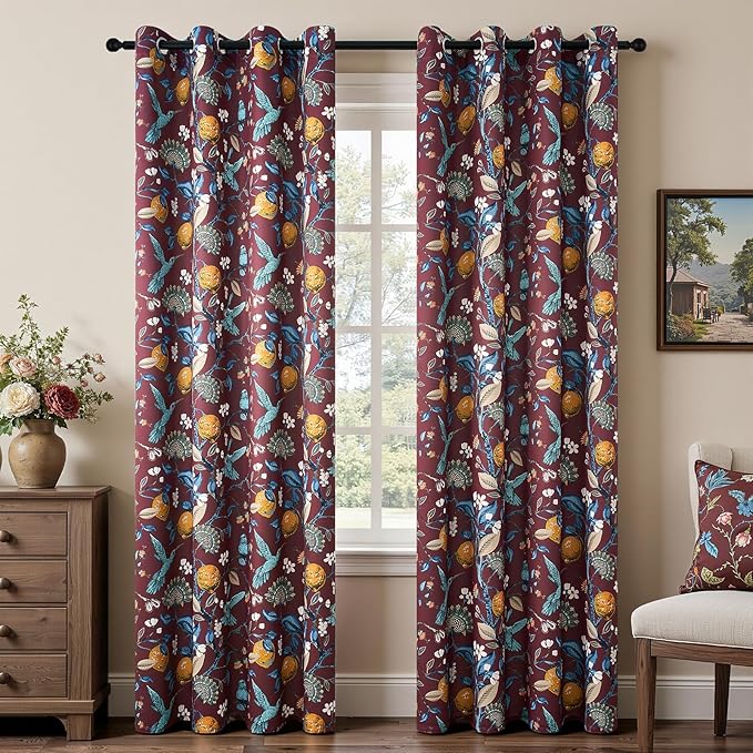 Rust Vintage Floral Curtains 84 Inch Long Luxury Whimsical Euro Flower Lemon Hummingbird Patterned Waverly Mid Century Colorful Blackout Drapes for Living Room Bedroom