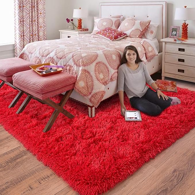 Rugs for Bedroom 4x6, Soft Shaggy Modern Shag Area Rug for Living Room, Upgrade Non-Slip Plush Fluffy Carpet for Kids Boys Girls Room Home Decor Aesthetic, Red