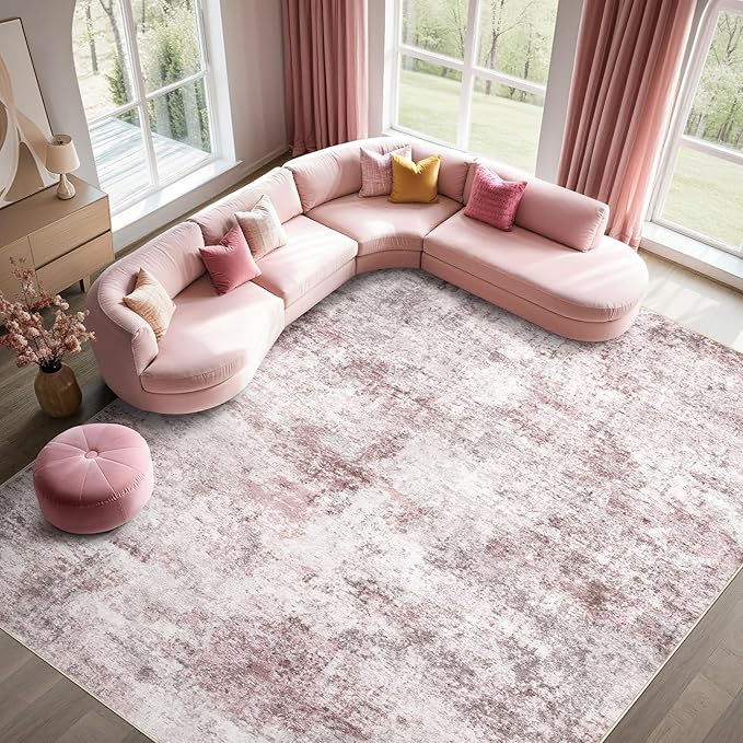 UERMEI 8x10 Area Rug Living Room Rugs - Washable Neutral Modern Abstract Soft Thin Large Rug Indoor Floor No Slip Rug Carpet for Bedroom Under Dining Table Home Office Decor - Pink