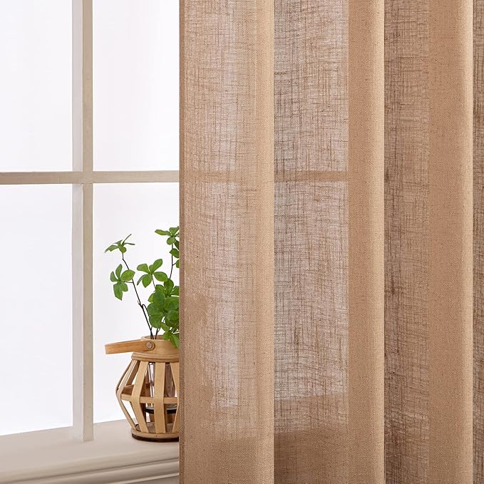 MIULEE Light Brown Linen Curtains 63 Inch Length 2 Panels for Bedroom Living Room, Soft Thick Linen Textured Natural Window Drapes Semi Sheer Light Filtering Back Tab Rod Pocket Burlap Look Decor
