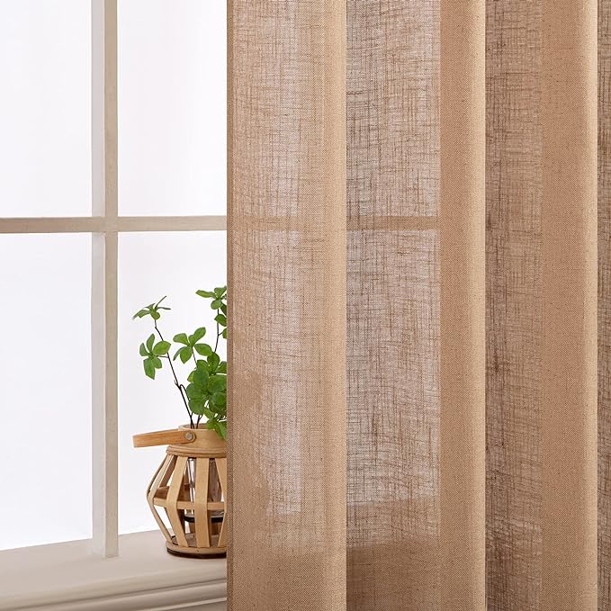 MIULEE Light Brown Linen Curtains 84 Inch Length 2 Panels for Bedroom Living Room, Soft Thick Linen Textured Natural Window Drapes Semi Sheer Light Filtering Back Tab Rod Pocket Burlap Look Decor