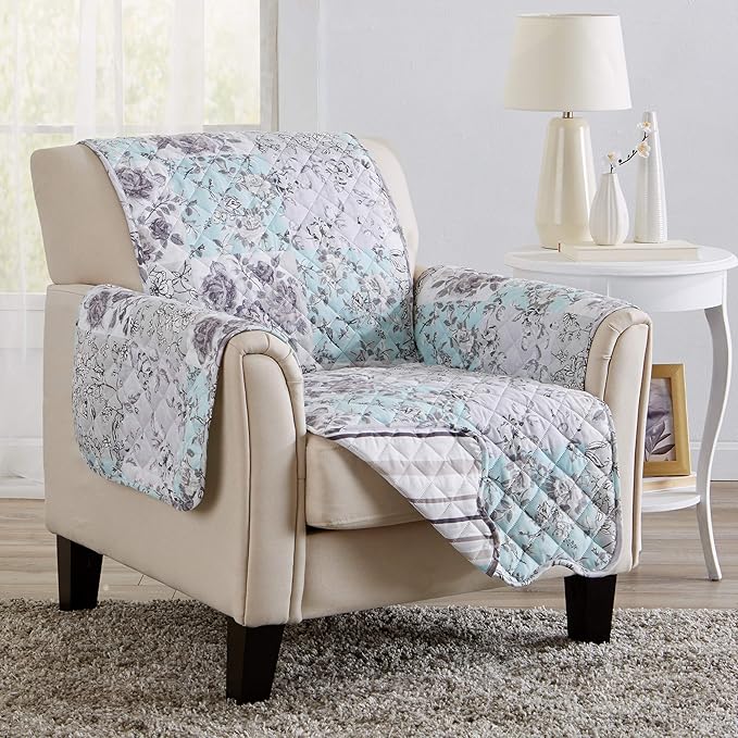 Great Bay Home Reversible Floral Patchwork Chair Furniture Protector - Machine Washable, Scalloped Edge, Stain Resistant, Printed Furniture Cover for Dogs, Kids, and Pets (Gray/Aqua)