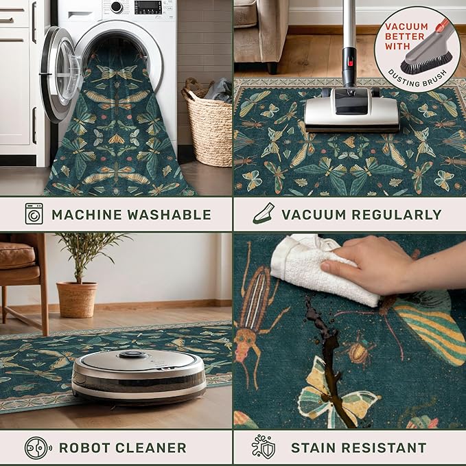 Hazo Haus Brown and Green Kitchen Sink Runner Rug 2x5 - Teal Boho Bathroom Rugs for Entrance Indoor, Insect Print Floral Vintage Unique, Washable Non Skid Stain Resistant