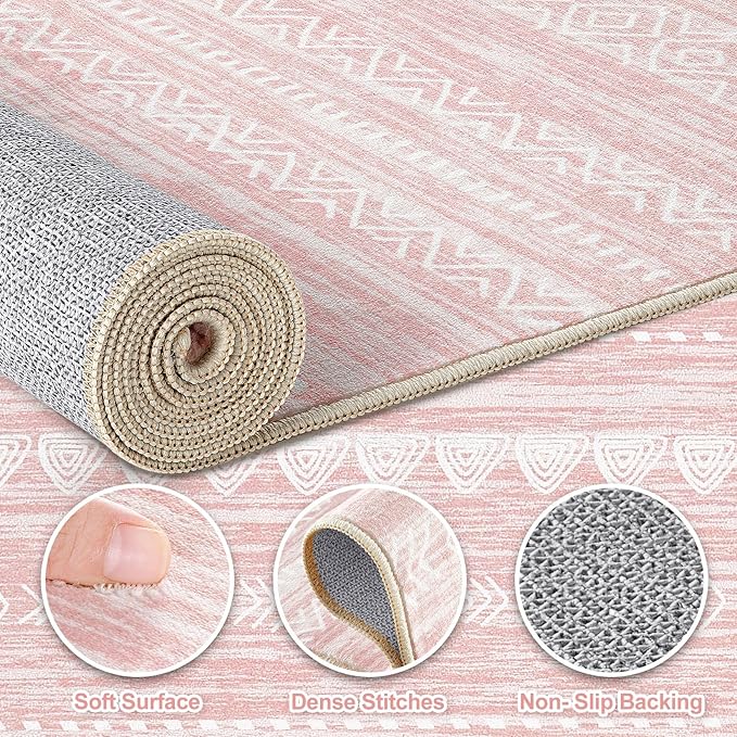 Nakagishi Pink Rugs for Bedroom Girls: 8x10 Washable Boho Large Neutral Cute Soft Area Rug Modern Indoor Floor Non Slip Accent Carpet for Living Room Nursery Kids Playroom Preppy Room Dorm Baby Room