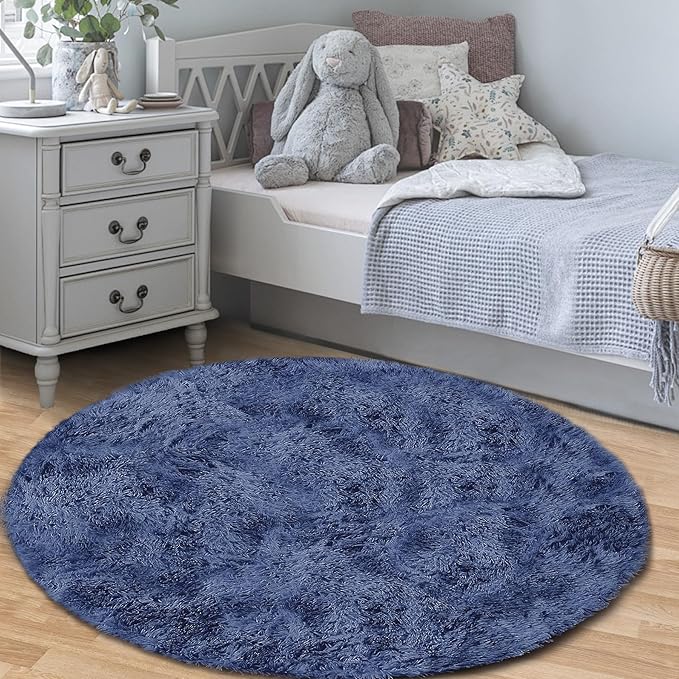 Navy Blue Round Rugs for Bedroom: 4ft Circle Fluffy Shag Soft Washable Rug Small Fuzzy Plush Indoor Carpet for Kids Girls Boys Nursery Dorm Classroom (Navy Blue, 4'x4')
