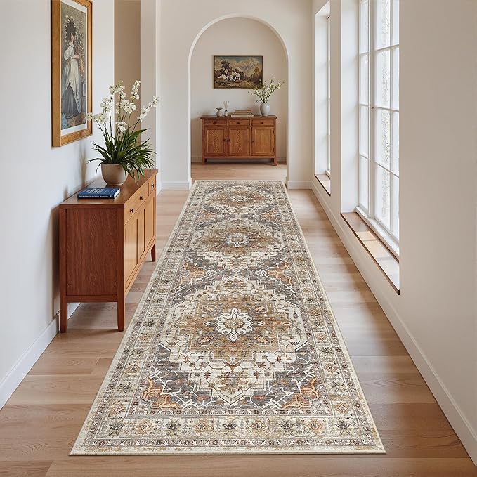 Madane Runner Rug 2'6''x8' Kitchen Runner, Hallway Runner Printed Vintage Washable Rugs Soft Non-Slip Low Pile 2.5x8 ft Runners for Hallways Laundry Room Rug Distressed Rug, Turmeric/Grey