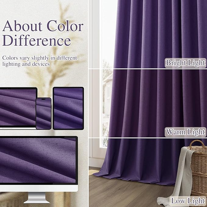 Guken 100% Blackout Curtains 108 Inch Length 2 Panels Set for Living Room Bedroom Back Tab Thermal Insulated Black Out Linen Drapes Room Darkening New Purple,52x108
