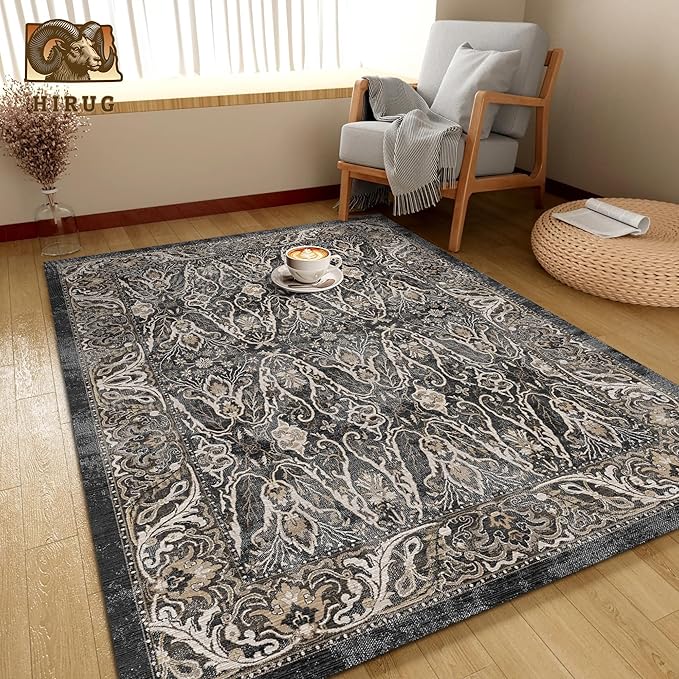 Washable Area Rug 8' x 10' Vintage Traditional Persian Mat - Foldable Distressed Non-Slip Machine Washable Carpet for Living Room Bedroom Kitchen Home Decor - Ebony and Taupe