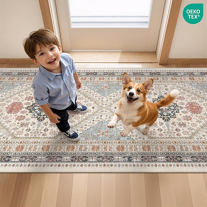 Entryway Rug - 2x3 Washable Rug Runner for Bathroom, Laundry Room, Kitchen, Soft Vintage Hallway Runner for Bedroom, Non-Slip Door Mat Indoor Entrance(Blue/Red/Multi,2'x3')