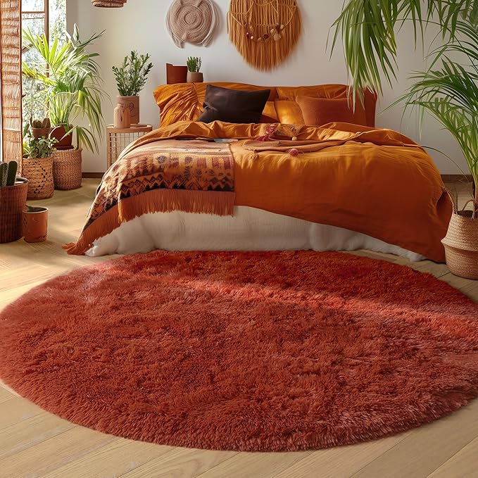 Amdrebio Terracotta Rust Round Circle Rug 6Ft for Bedroom Living Room, Fluffy Shaggy Furry Fuzzy Area Rugs for Kids Room Decor Aesthetic, Large Plush Shag Rustic Carpet for Nursery Playroom Classroom