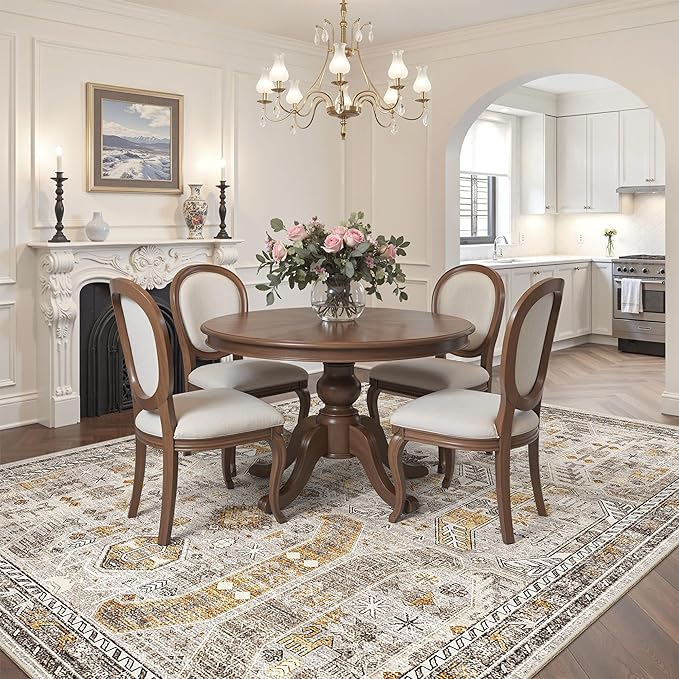 Madane 5x7 Area Rugs for Living Room, Stain Resistant Washable Rugs, Non-Slip Backing Area Rug, Vintage Home Decor Rug for Bedroom (Brown/Gold, 5'x7')
