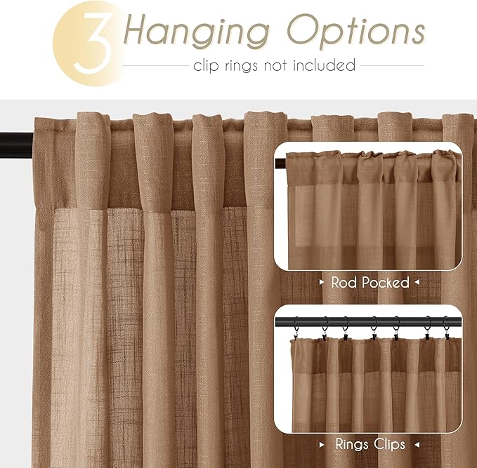 Brown Curtains for Living Room Back Tab Modern Farmhouse Semi Sheer Curtains 132 inches Long 2 Panels Set Muted Neutral Window Curtain for Dining Room Bedroom 52x132