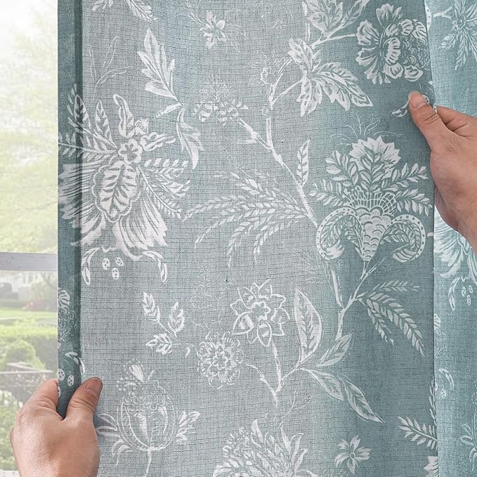 jinchan Linen Floral Curtains for Living Room, 63 Inch Length Curtains with Printed Flower Light Filtering Curtain, Rod Pocket Back Tab Blue Window Treatment Set Bedroom Curtain, 2 Panels Blue