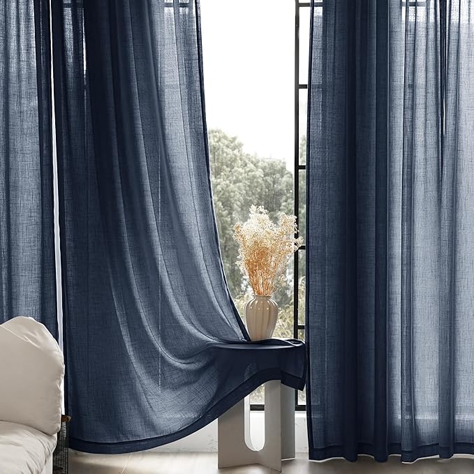 Navy Blue Curtains 63 inch Length for Bedroom Back Tab Light Filtering Semi Sheer Blue Living Room Curtains Linen Cotton Textured Indigo Blue Drapery Panel Modern Farmhouse Aesthetic Decor Dark Blue