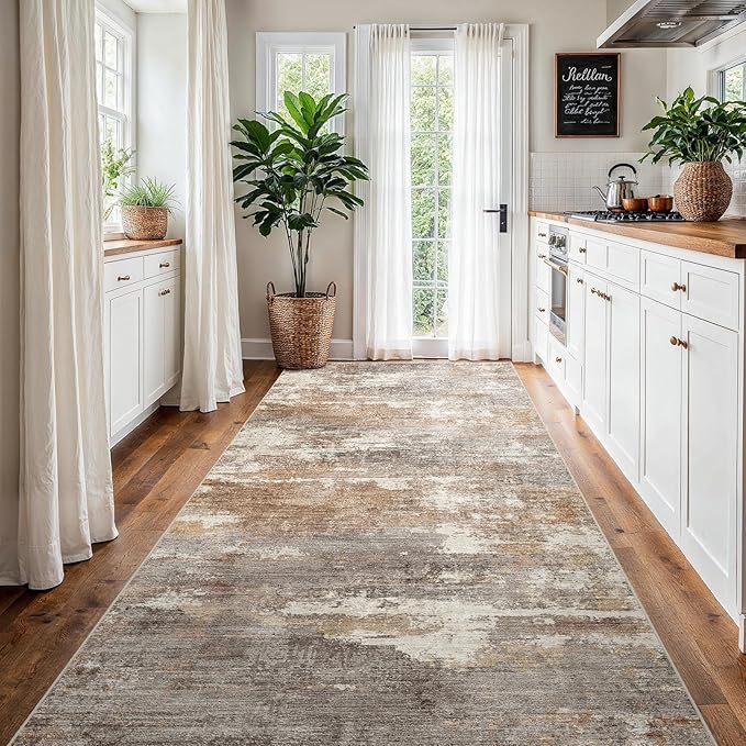4x8 Washable Kitchen Runner Rug: Modern Abstract Wide Runners for Hallway Soft Non Slip Rugs with Rubber Backing Low Pile Thin Carpet for Entryway Bedroom Bathroom Laundry Indoor(Brown/Brick,4x8)