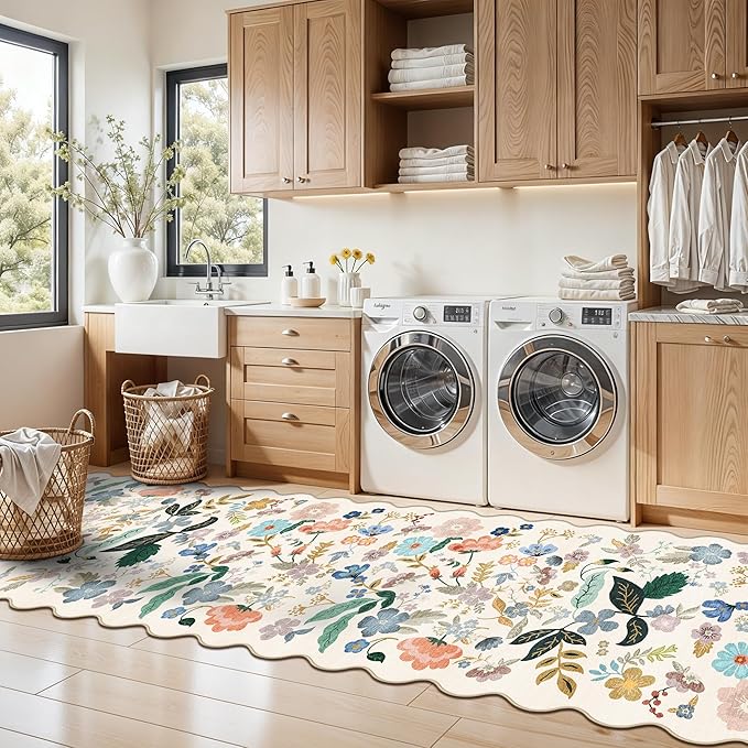 Washable 2x8 Hallway Runner Rug: Vintage Water-Resistant Floral Scalloped Kitchen Entryway Rug Ultra Soft Living Room Bedroom Carpet Non-Slip Indoor Floor Mat for Bathroom Dining Room(2x8,Cream)