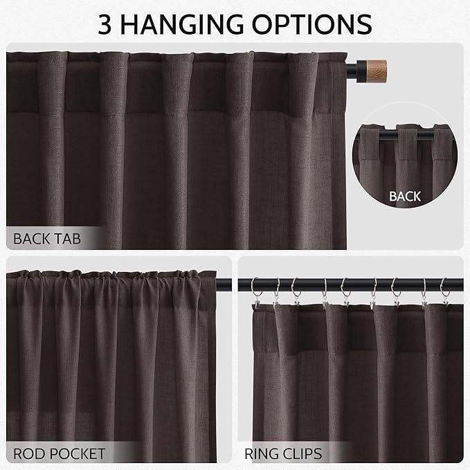 Extra Long Curtain Cocoa Coffee Morden Linen Blend Light Filtering Back Tab Curtains for Long Winodws 120 Inches Length, Semi Sheer Privacy Drapes for Living Room, 52x120 inch, 2 Panels