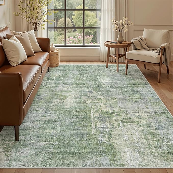 7x9 Area Rug for Living Room Washable Abstract Vintage Soft Thin Indoor Floor Non-Slip Carpet for Bedroom Dining Room Green/Ivory