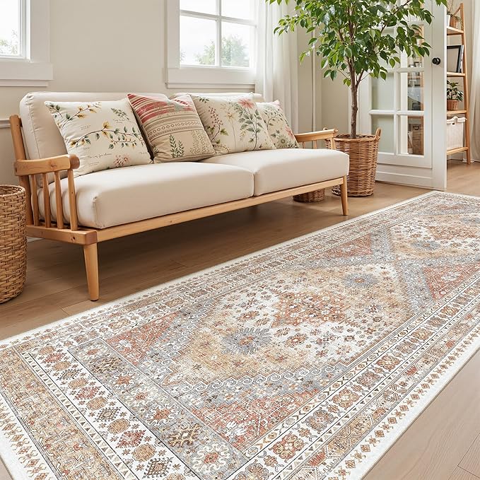 4x10 Runner Rug, Washable Hallway Runner Rug with Non-Slip Backing, Low Pile Wide Runner for Living Room, Entryway, Kitchen, Soft Vintage Home Decor Mat for Dining Room(Orange,4'x10')