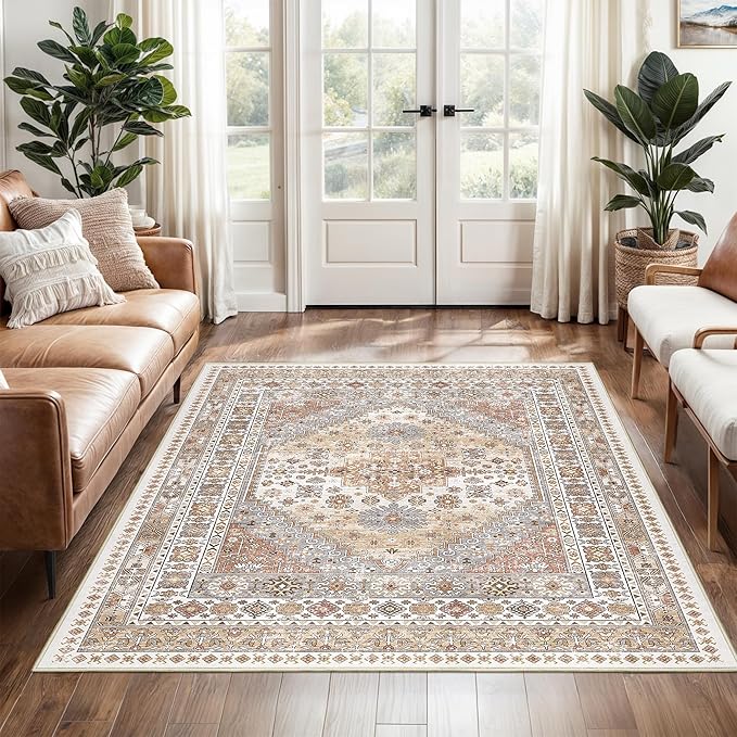 3x5 Washable Area Rug for Entryway, Kitchen Rugs Non Slip for Dining Room, Vintage Floral Soft Living Room Rug, Thin Area Rug Indoor for Bedroom, Kids Room Decor(Orange,3'x5')