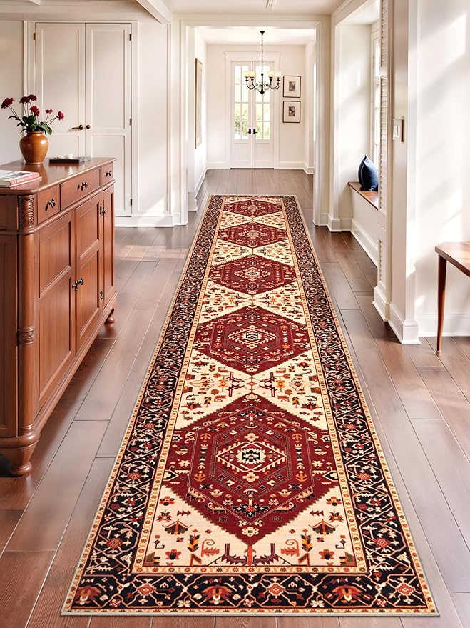 SERISSA Runner Rug for Hallways, 2'6"x14' Washable Non Slip Runner Rug, Extra Long Boho Rug Ultra Soft Vintage Red Black Print Floor Carpet for Bedroom Hallway Entryway Bathroom Laundry Room