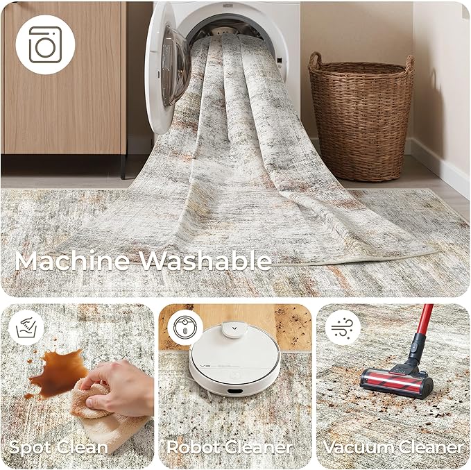 Rug Runners for Hallways Non Slip - 2x8 Runner Rug for Bedroom, Washable Runner with Rubber Backing, Soft Low-Pile Carpet for Kitchen, Laundry, Bathroom (2'x8', Grey/Rust)