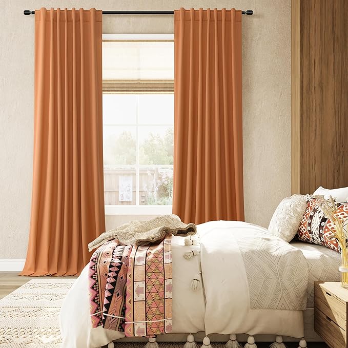 Guken Orange 100% Blackout Linen Curtains 120 Inch Length 2 Panels Set for Living Room Bedroom Back Tab/Rod Pocket Thermal Insulated Black Out Drapes Room Darkening Farmhouse Window Curtains 52x120